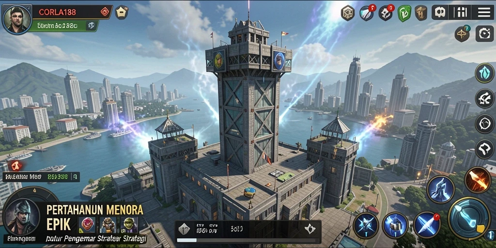 Tangkapan layar gameplay CORLA188 yang mendebarkan dengan aksi Tower Defense.