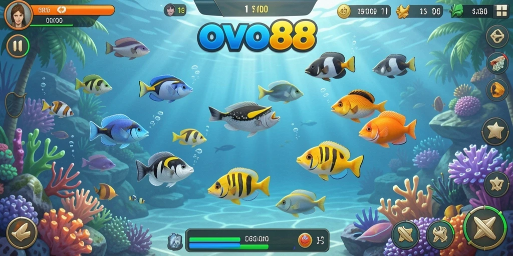 Screenshot OVO88 menampilkan aksi menembak ikan yang seru dan penuh warna.