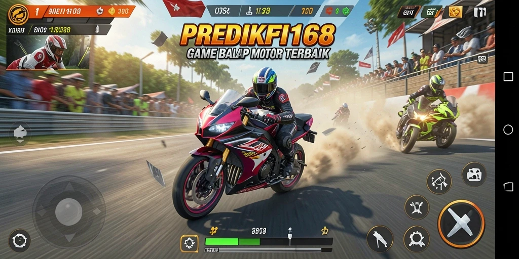 Screenshot menampilkan aksi balapan motor yang intens dan mendebarkan.