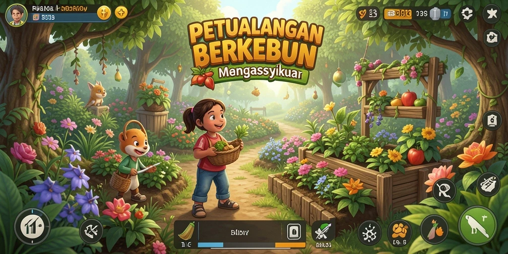 Tangkapan layar utama S13 menunjukkan suasana kebun yang indah dan aktivitas berkebun.