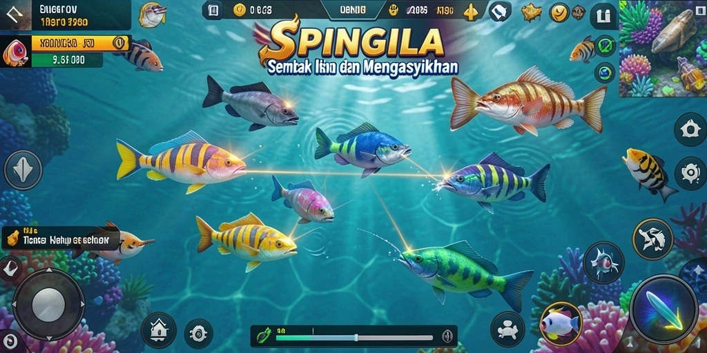 Tampak layar gameplay SPINGILA dengan aksi menembak ikan yang seru.